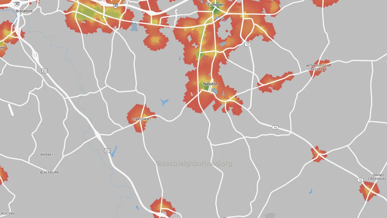 Walk Grade map of Newton, NC, walkable areas in green and car-dependent areas in red