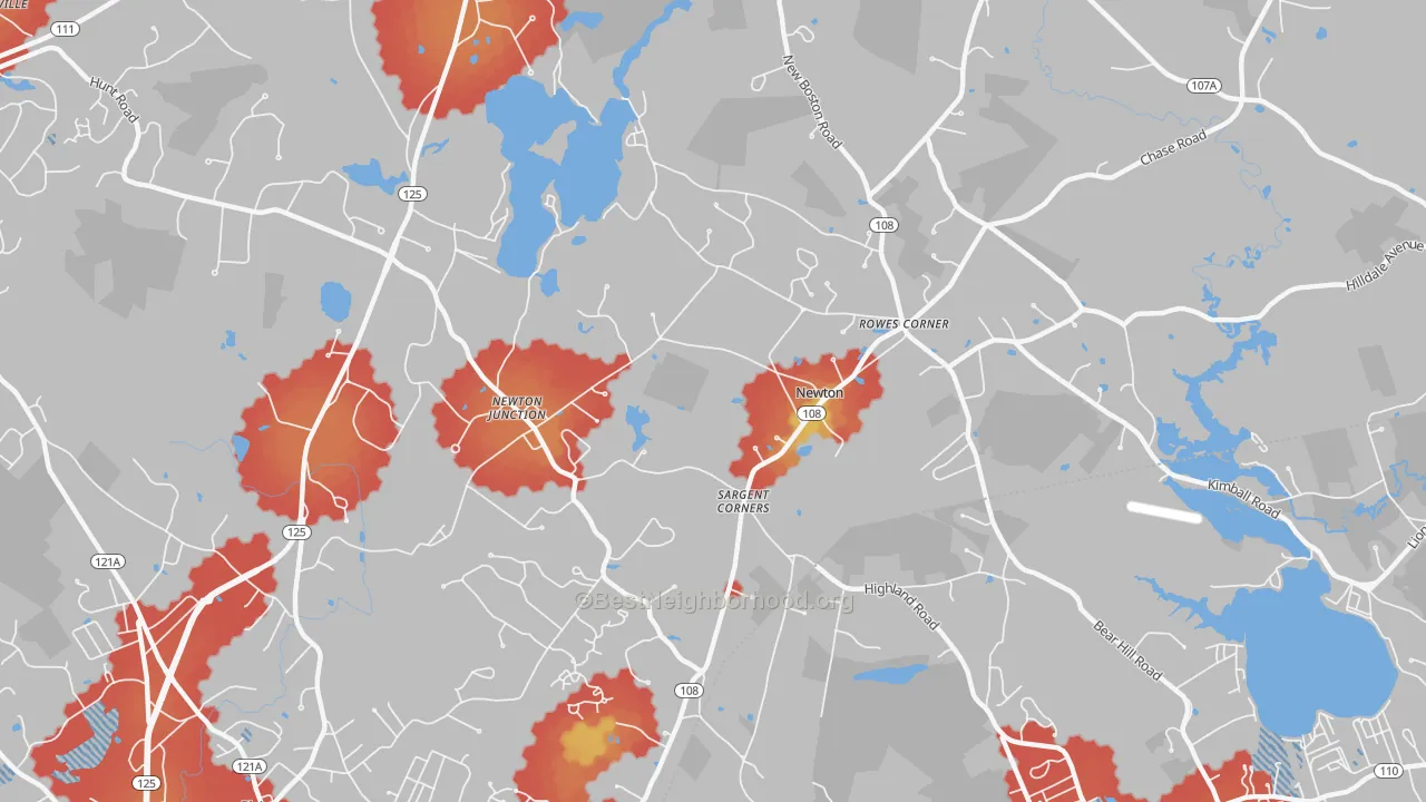 Walk Grade map of Newton, NH, walkable areas in green and car-dependent areas in red
