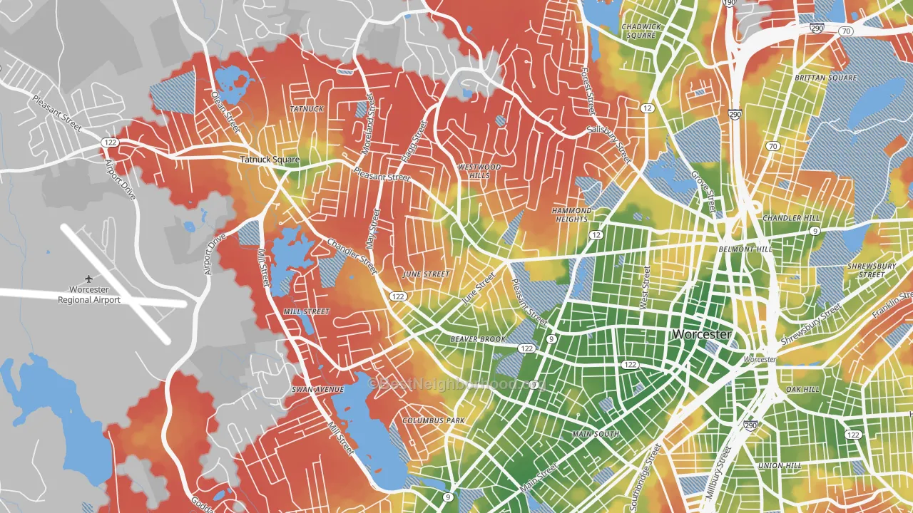 Walk Grade map of Newton Square, Worcester, MA, walkable areas in green and car-dependent areas in red