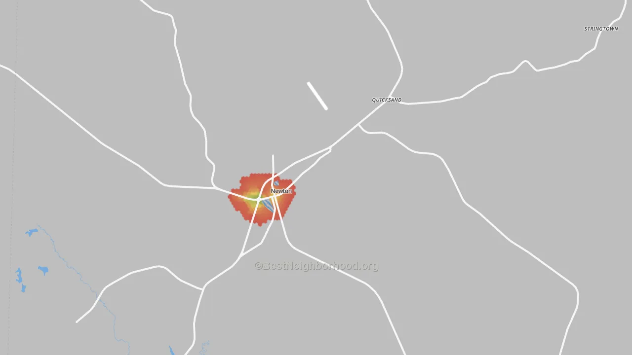 Walk Grade map of Newton, TX, walkable areas in green and car-dependent areas in red