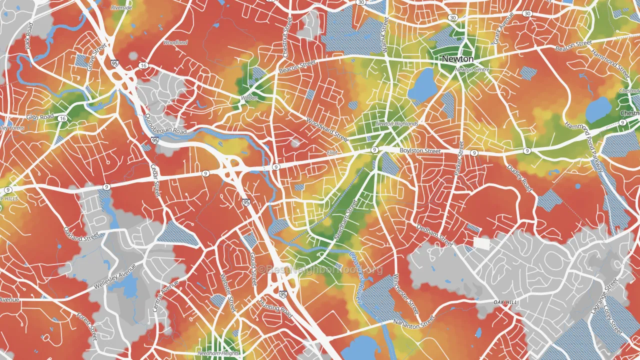 Walk Grade map of Newton Upper Falls, MA, walkable areas in green and car-dependent areas in red