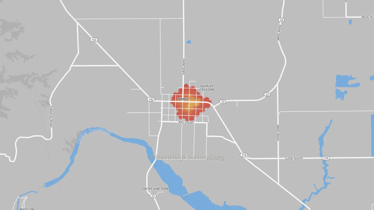 Walk Grade map of Newton, UT, walkable areas in green and car-dependent areas in red