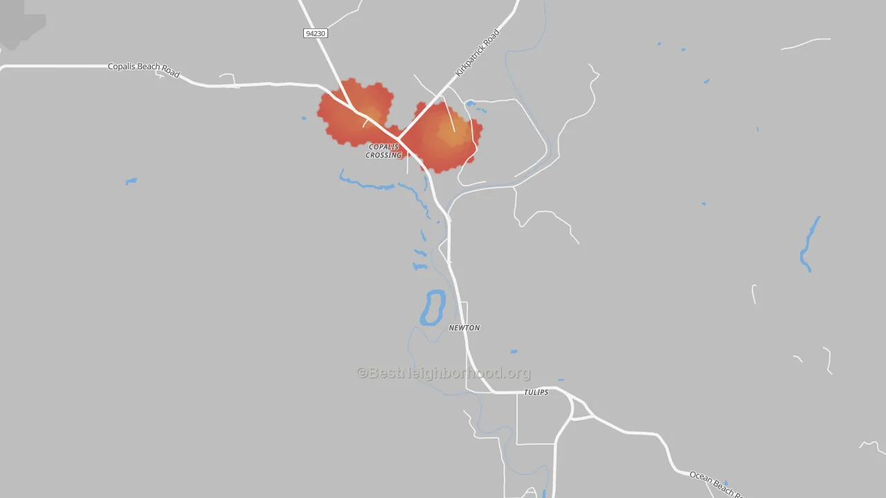 Walk Grade map of Newton, WA, walkable areas in green and car-dependent areas in red