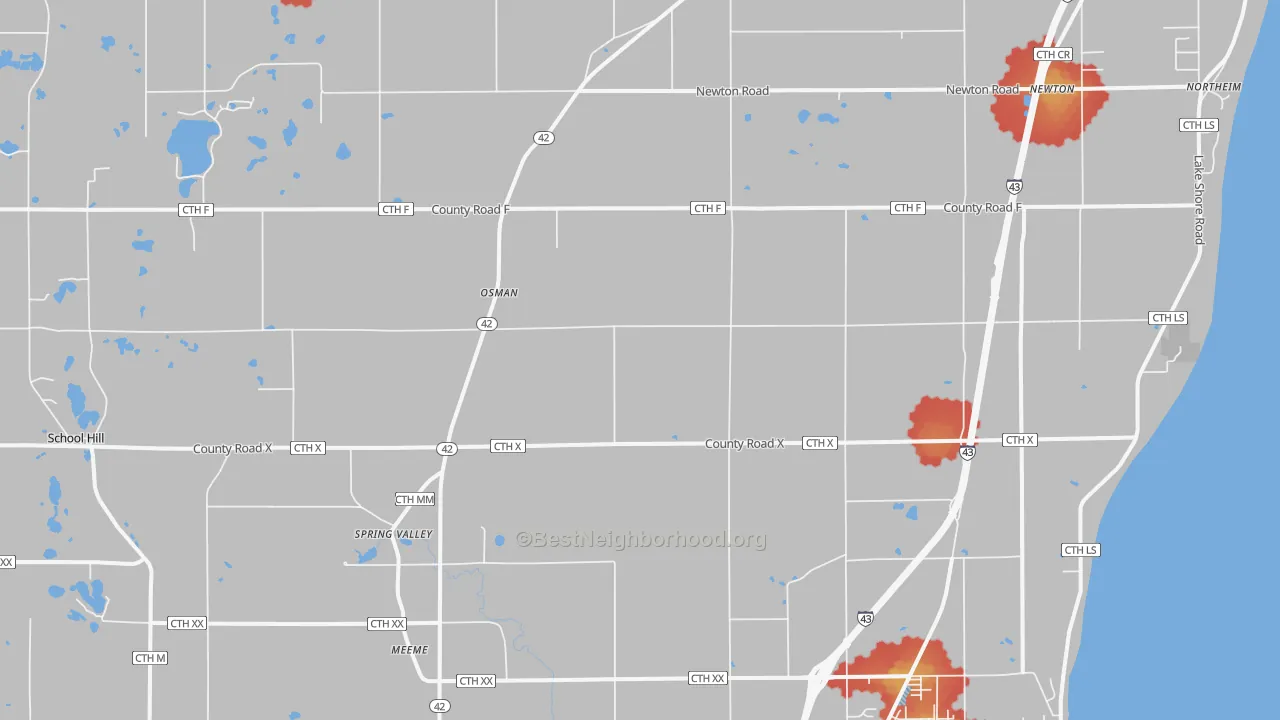 Walk Grade map of Newton, WI, walkable areas in green and car-dependent areas in red