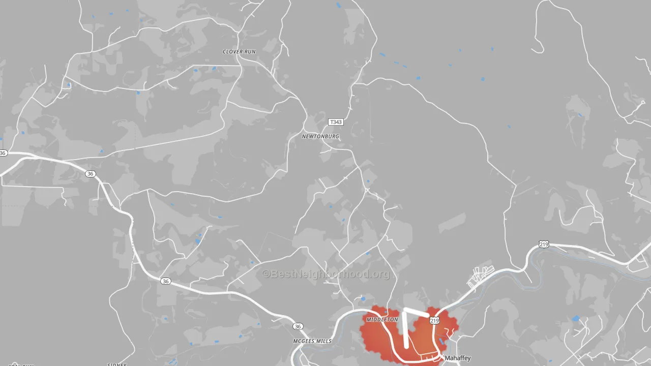 Walk Grade map of Newtonburg, PA, walkable areas in green and car-dependent areas in red