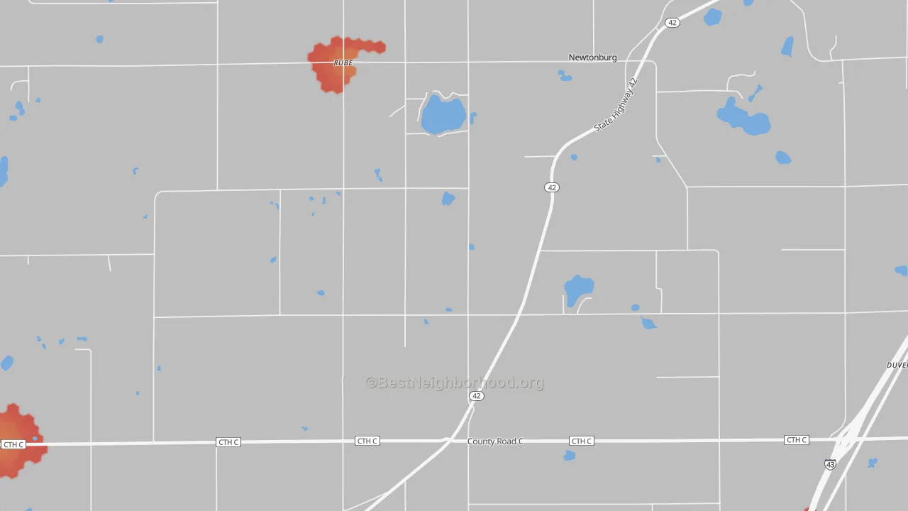 Walk Grade map of Newtonburg, WI, walkable areas in green and car-dependent areas in red