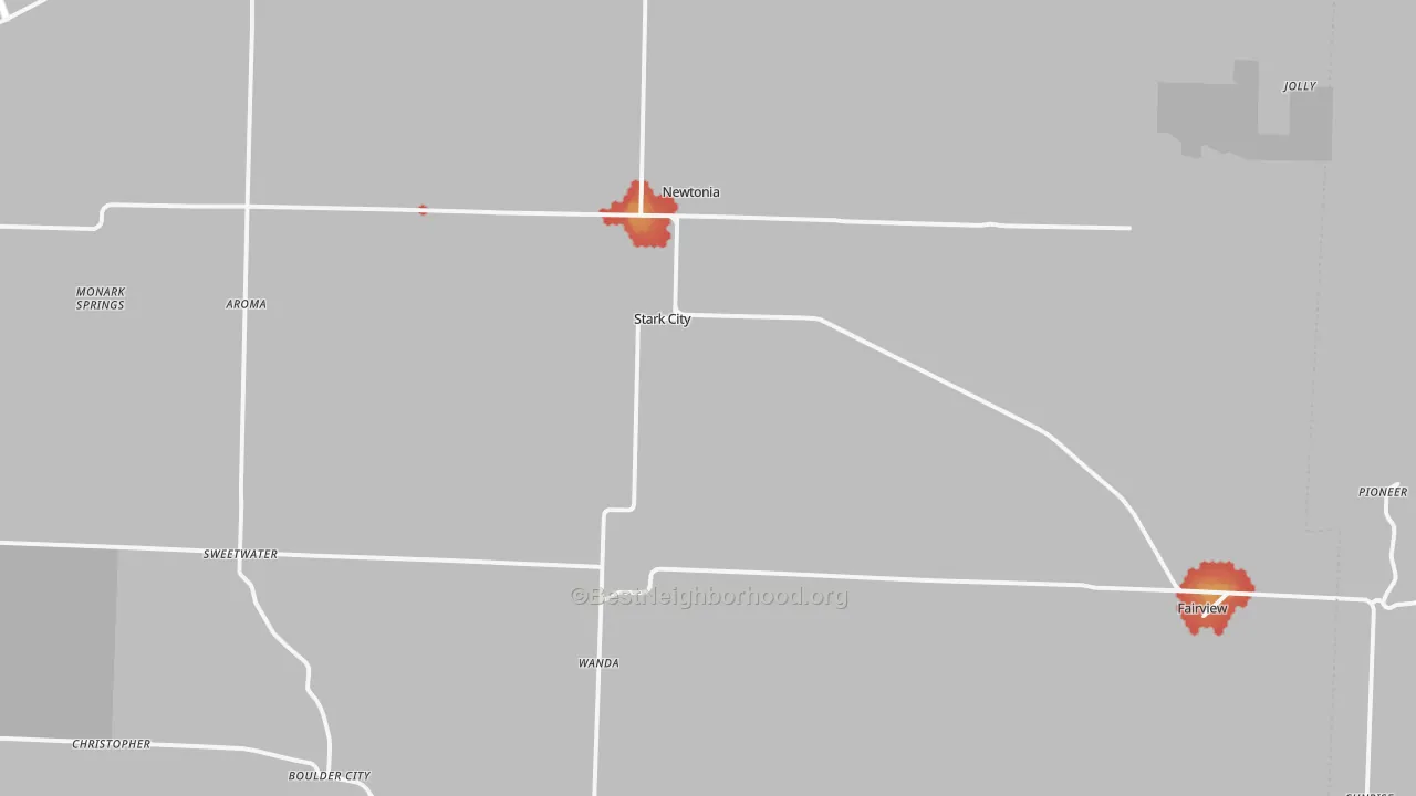 Walk Grade map of Newtonia, MO, walkable areas in green and car-dependent areas in red