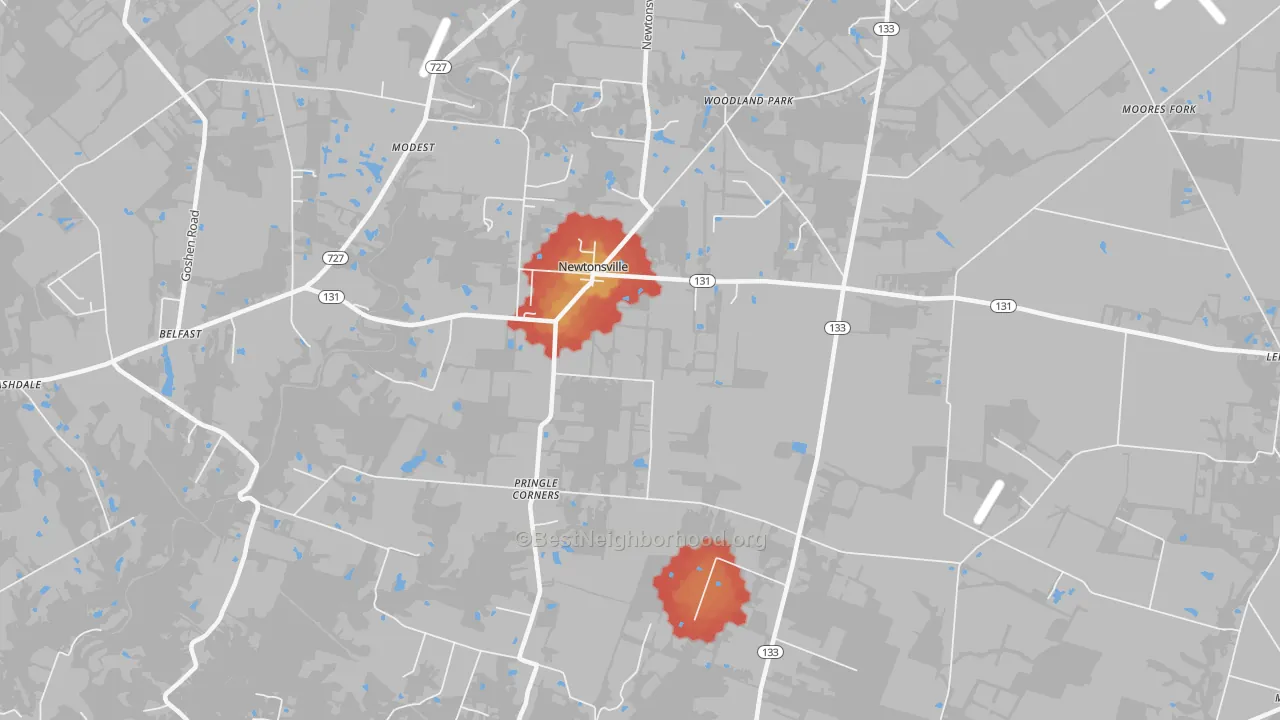 Walk Grade map of Newtonsville, OH, walkable areas in green and car-dependent areas in red