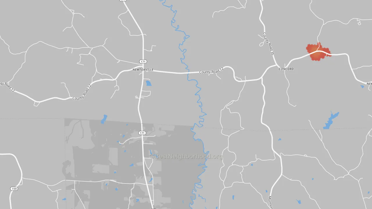 Walk Grade map of Newtonville, AL, walkable areas in green and car-dependent areas in red