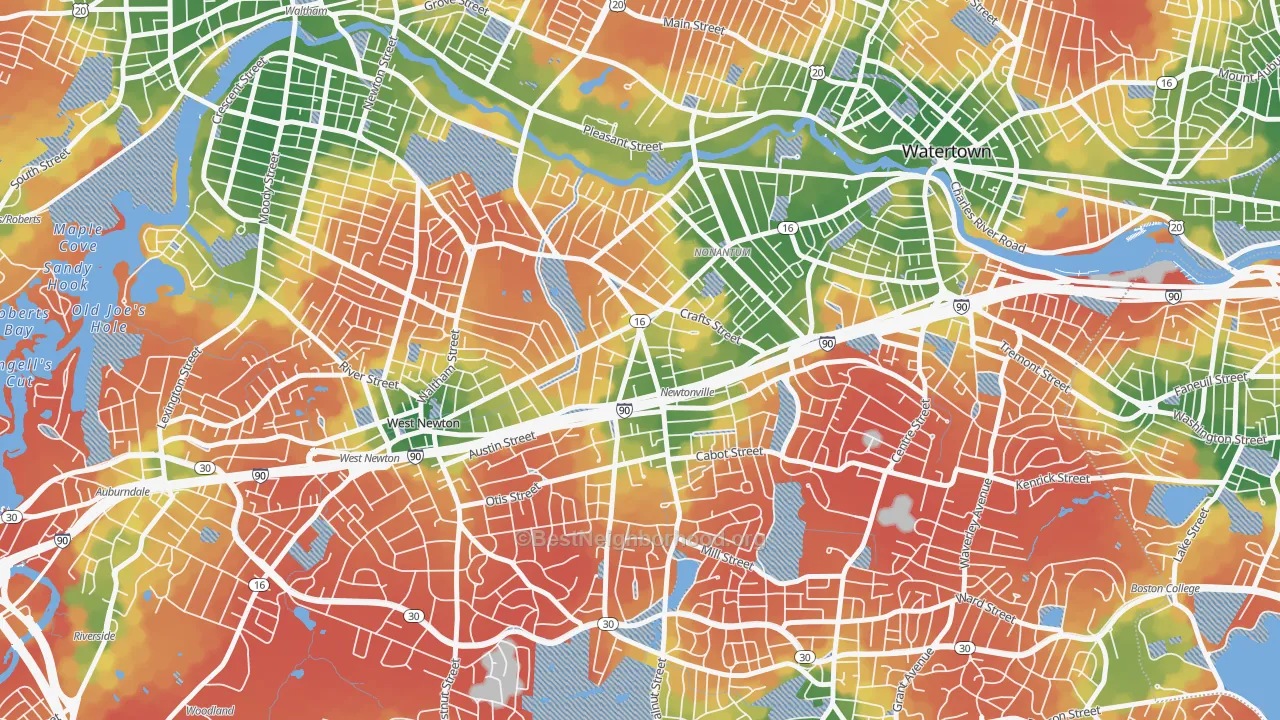 Walk Grade map of Newtonville, MA, walkable areas in green and car-dependent areas in red