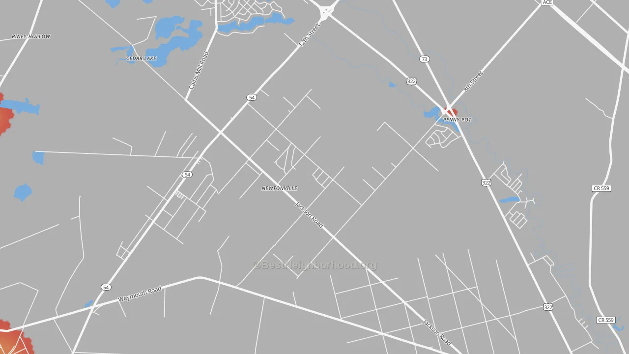 Walk Grade map of Newtonville, NJ, walkable areas in green and car-dependent areas in red