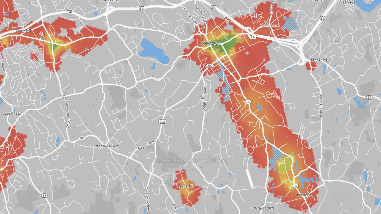Walk Grade map of Newtown, CT, walkable areas in green and car-dependent areas in red