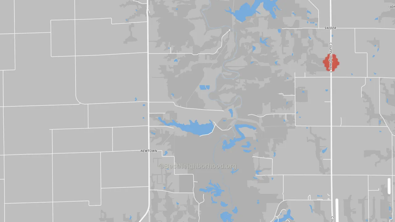 Walk Grade map of Newtown, IL, walkable areas in green and car-dependent areas in red