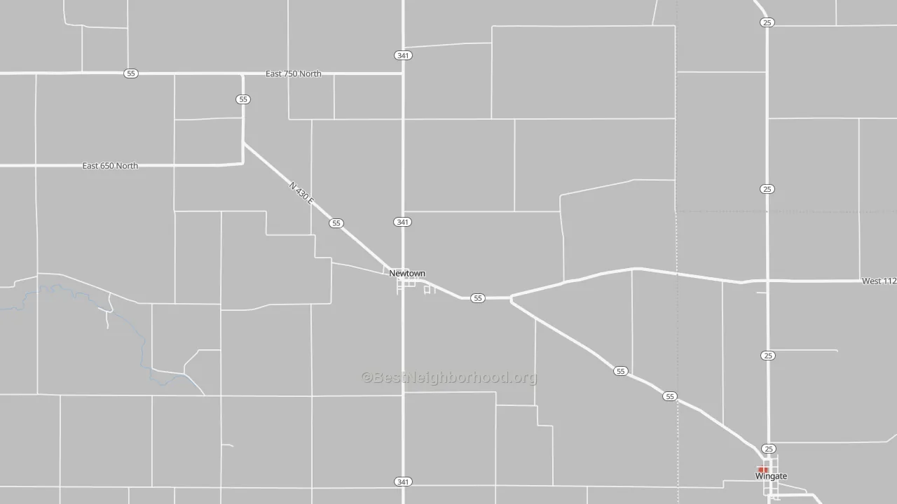 Walk Grade map of Newtown, IN, walkable areas in green and car-dependent areas in red