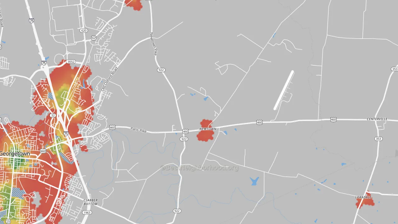 Walk Grade map of Newtown, KY, walkable areas in green and car-dependent areas in red