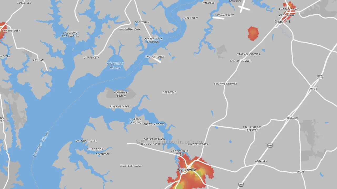 Walk Grade map of Newtown, MD, walkable areas in green and car-dependent areas in red