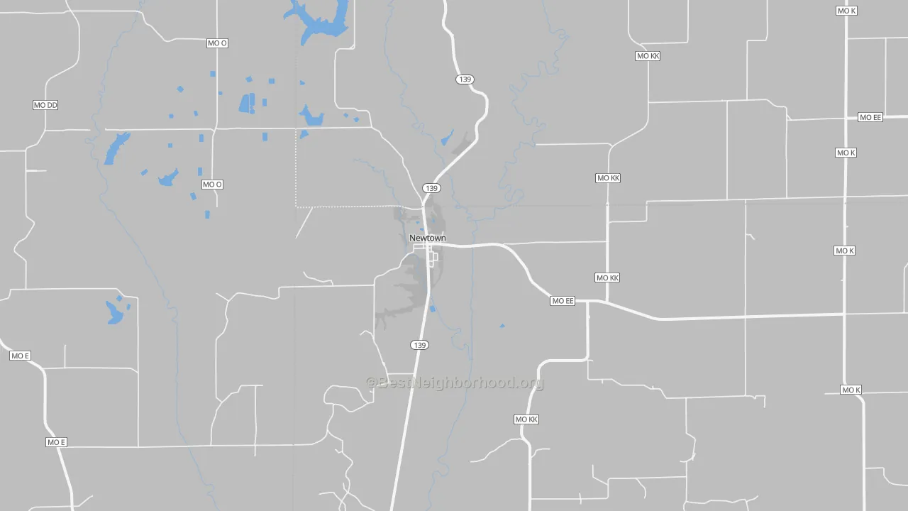 Walk Grade map of Newtown, MO, walkable areas in green and car-dependent areas in red