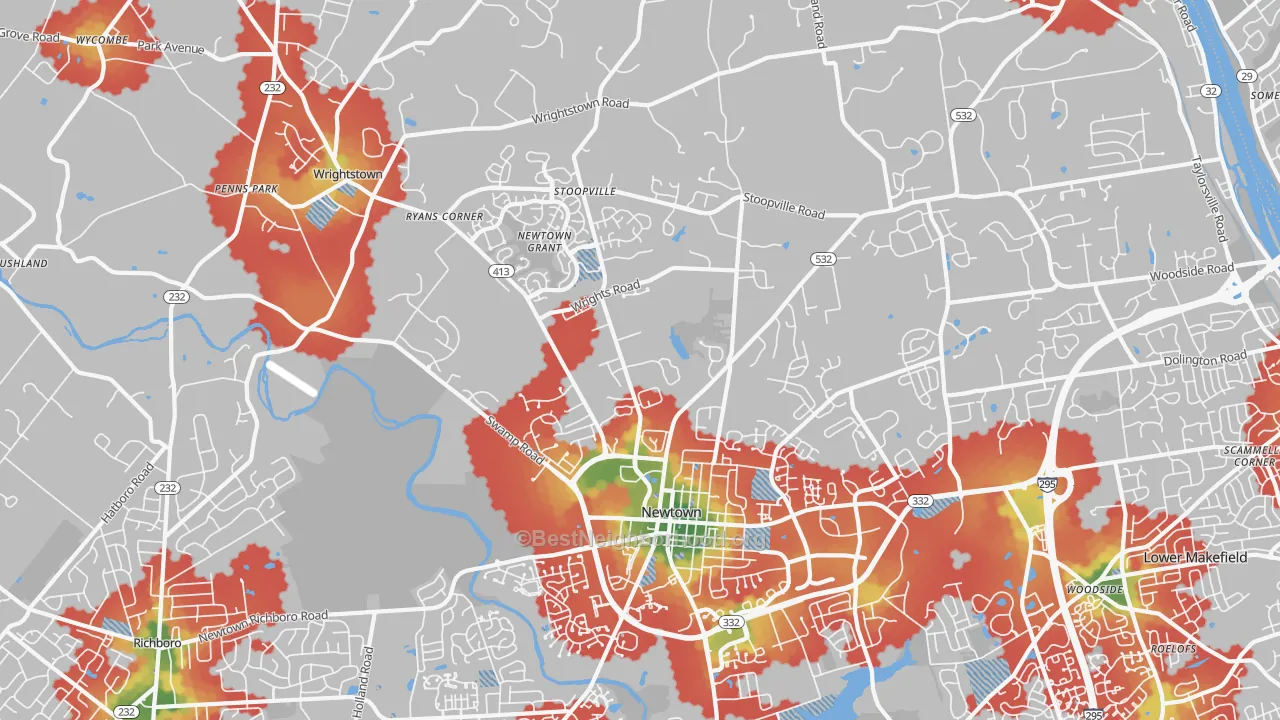 Walk Grade map of Newtown, PA, walkable areas in green and car-dependent areas in red