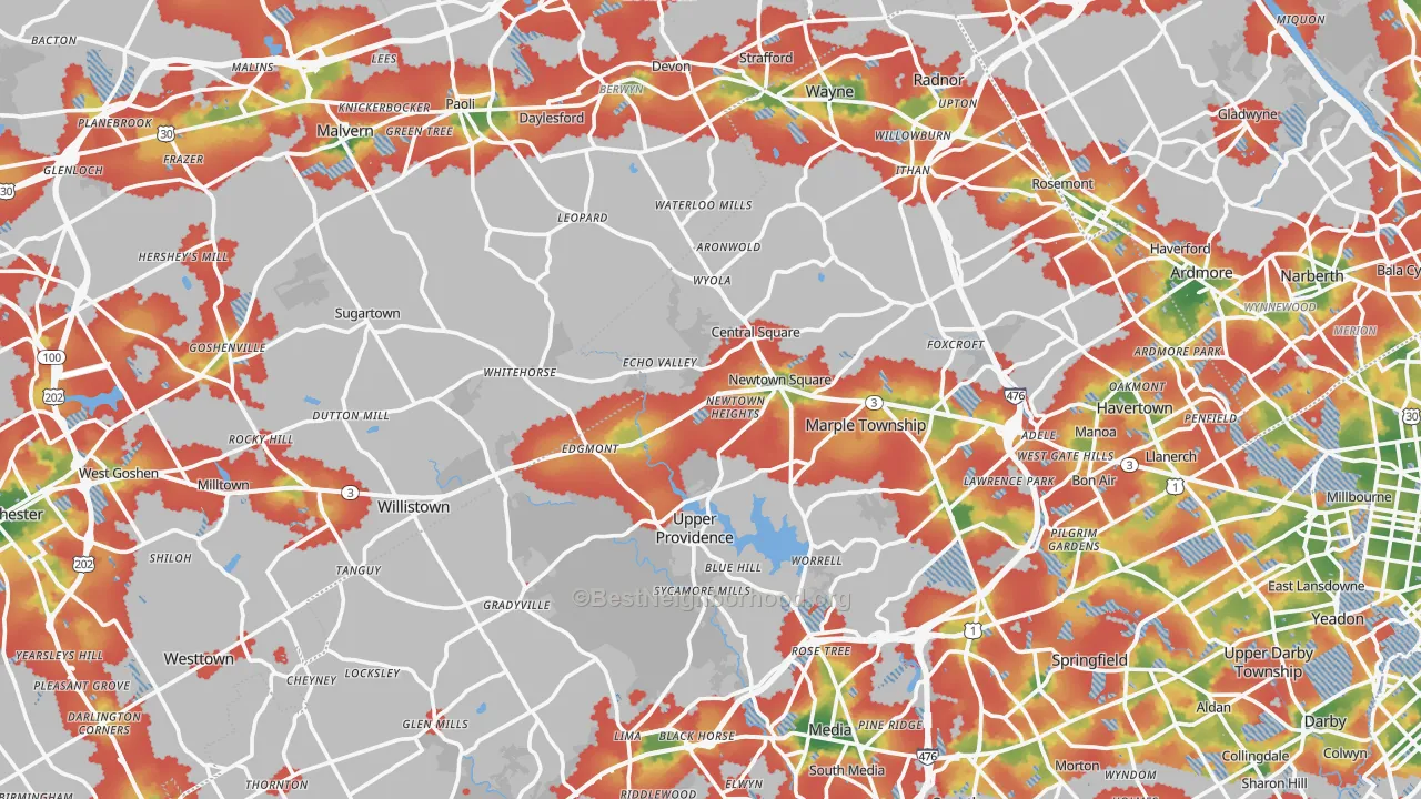 Walk Grade map of Newtown Square, PA, walkable areas in green and car-dependent areas in red