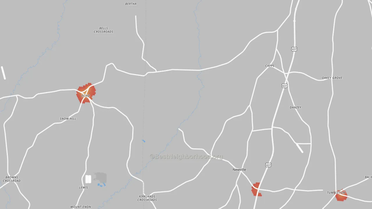 Walk Grade map of Newville, AL, walkable areas in green and car-dependent areas in red