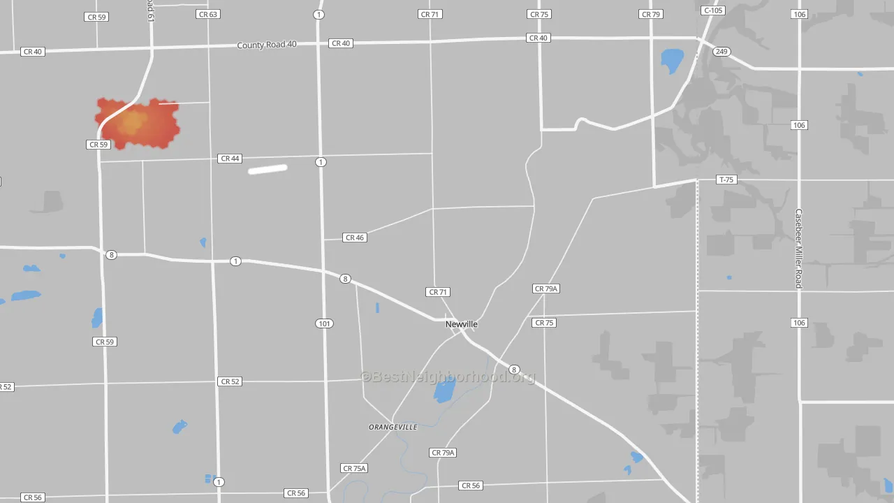 Walk Grade map of Newville, IN, walkable areas in green and car-dependent areas in red