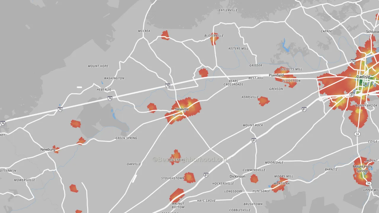 Walk Grade map of Newville, PA, walkable areas in green and car-dependent areas in red