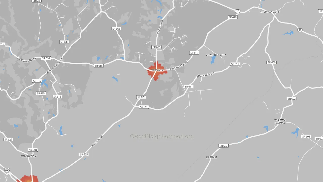 Walk Grade map of Newville, VA, walkable areas in green and car-dependent areas in red
