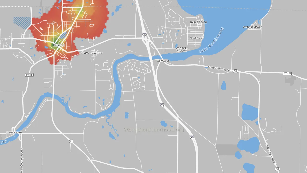 Walk Grade map of Newville, WI, walkable areas in green and car-dependent areas in red