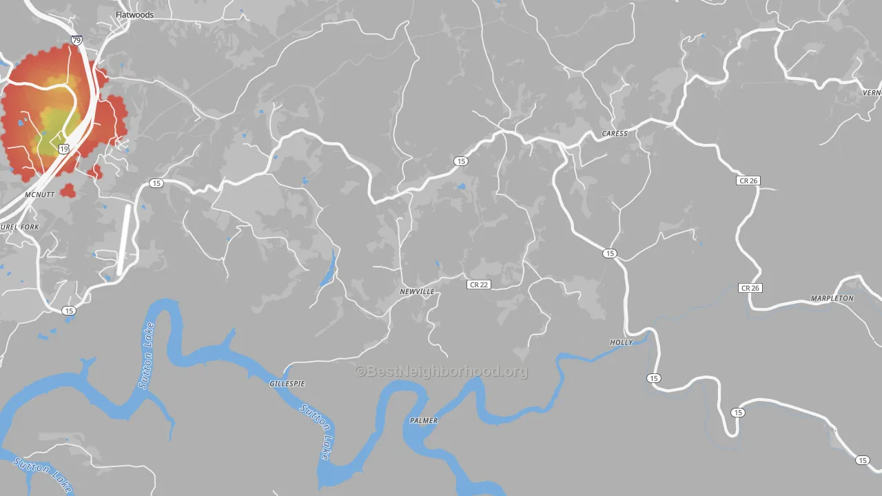 Walk Grade map of Newville, WV, walkable areas in green and car-dependent areas in red