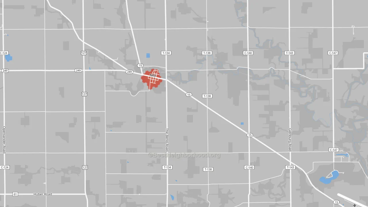 Walk Grade map of Ney, OH, walkable areas in green and car-dependent areas in red