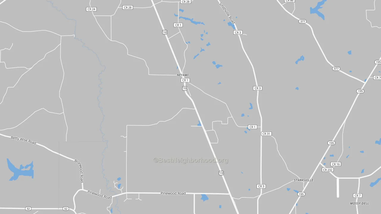 Walk Grade map of Neyami, GA, walkable areas in green and car-dependent areas in red