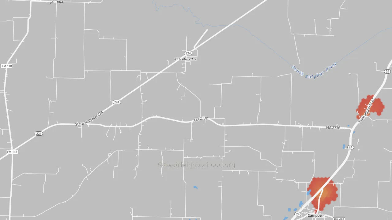 Walk Grade map of Neylandville, TX, walkable areas in green and car-dependent areas in red