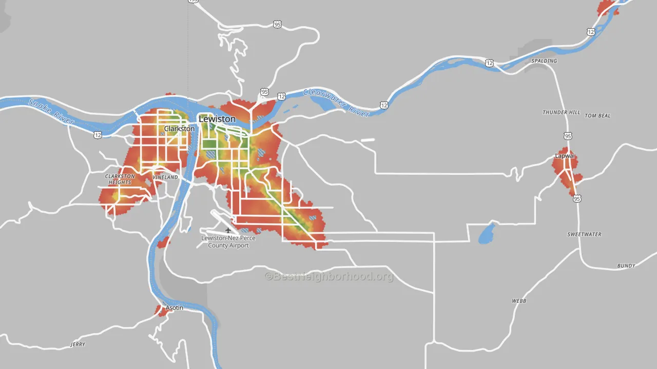 Walk Grade map of Nez Perce County, ID, walkable areas in green and car-dependent areas in red