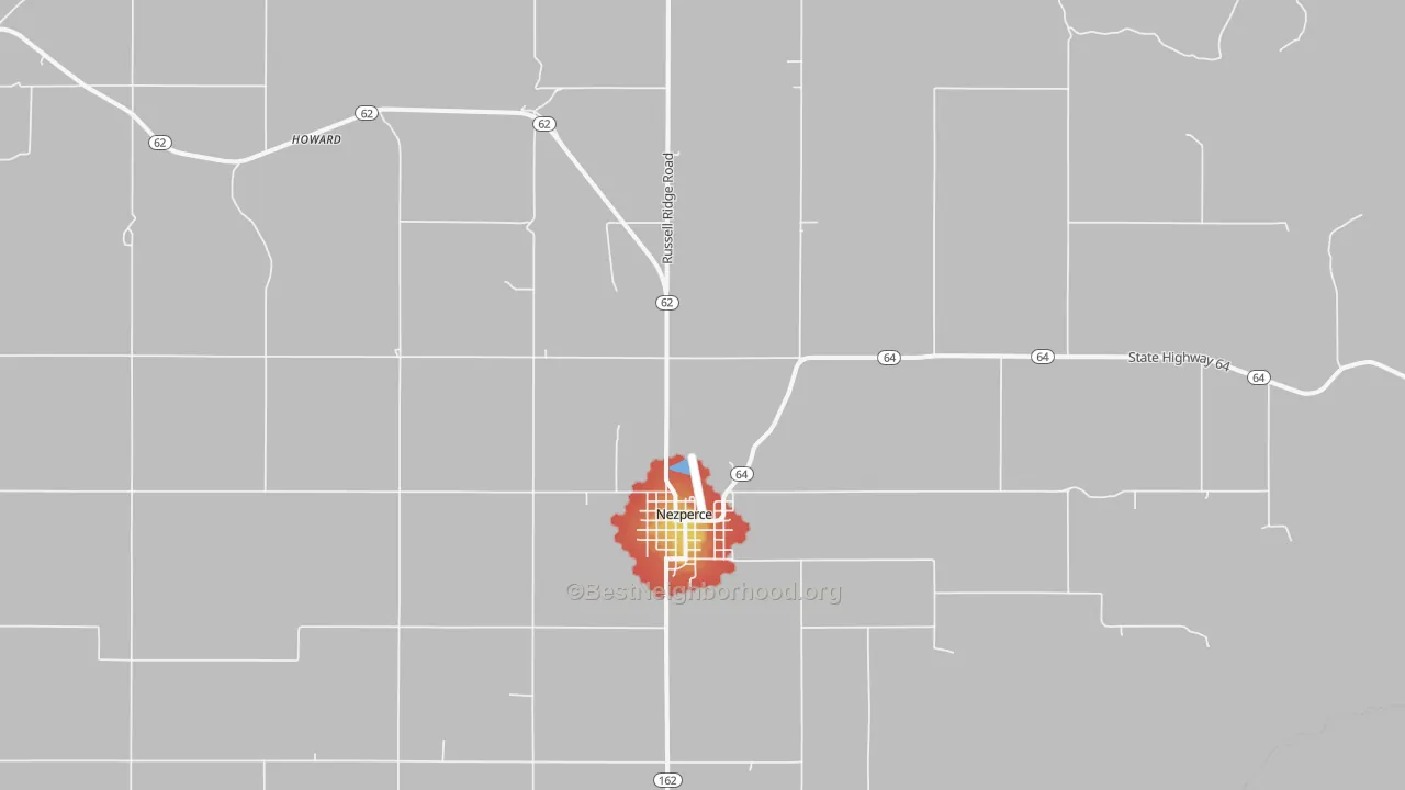 Walk Grade map of Nezperce, ID, walkable areas in green and car-dependent areas in red