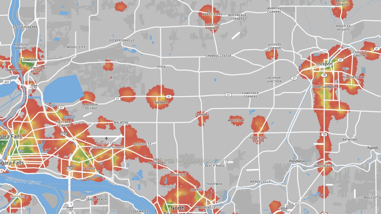 Walk Grade map of Niagara County, NY, walkable areas in green and car-dependent areas in red