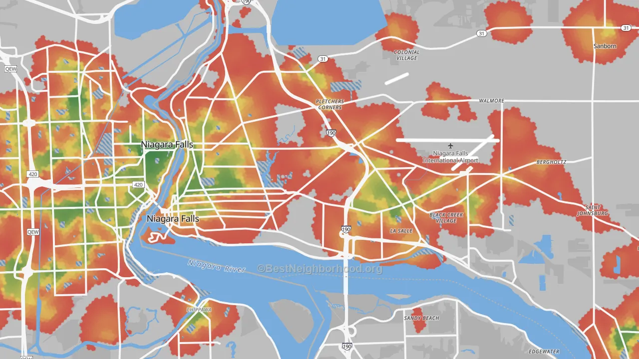 Walk Grade map of Niagara Falls, NY, walkable areas in green and car-dependent areas in red