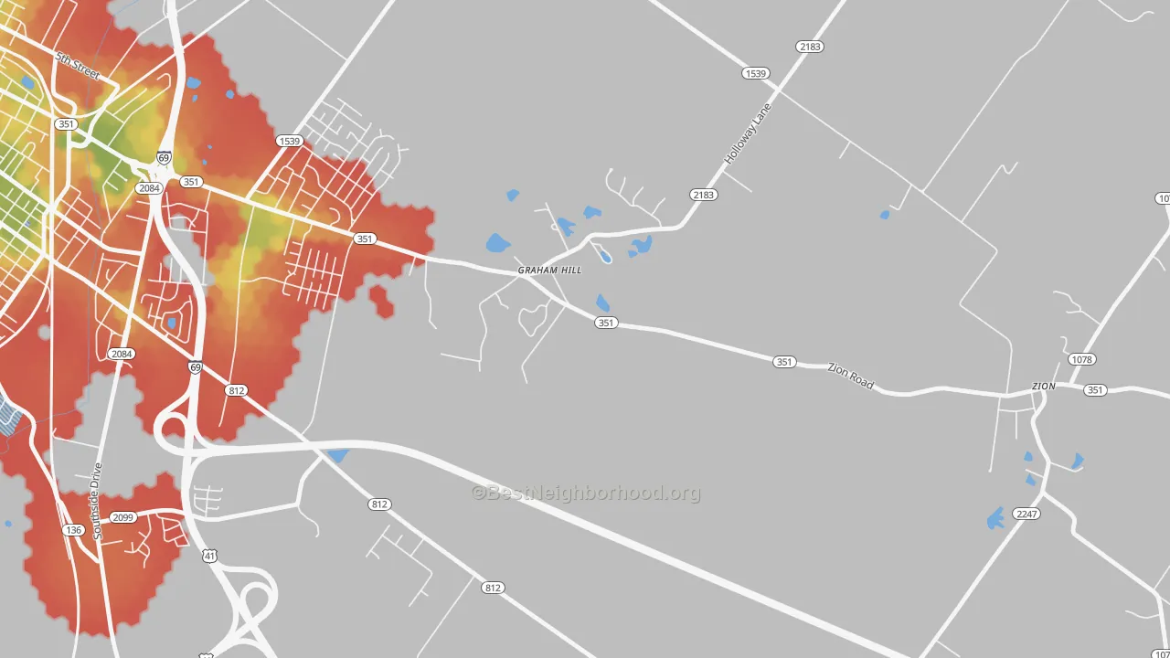 Walk Grade map of Niagara, KY, walkable areas in green and car-dependent areas in red