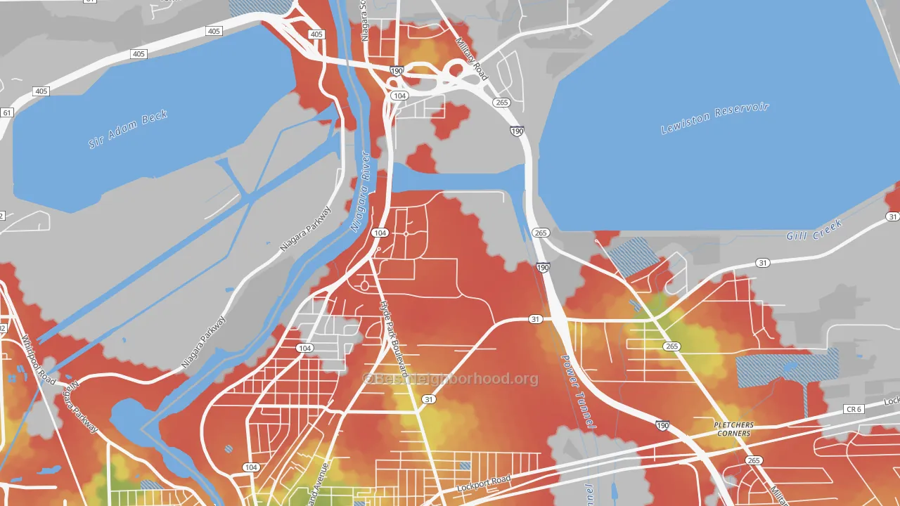 Walk Grade map of Niagara University, NY, walkable areas in green and car-dependent areas in red