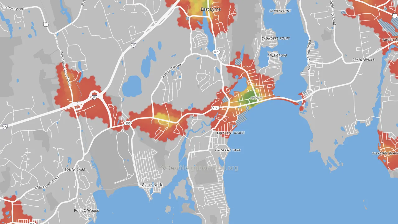 Walk Grade map of Niantic, CT, walkable areas in green and car-dependent areas in red