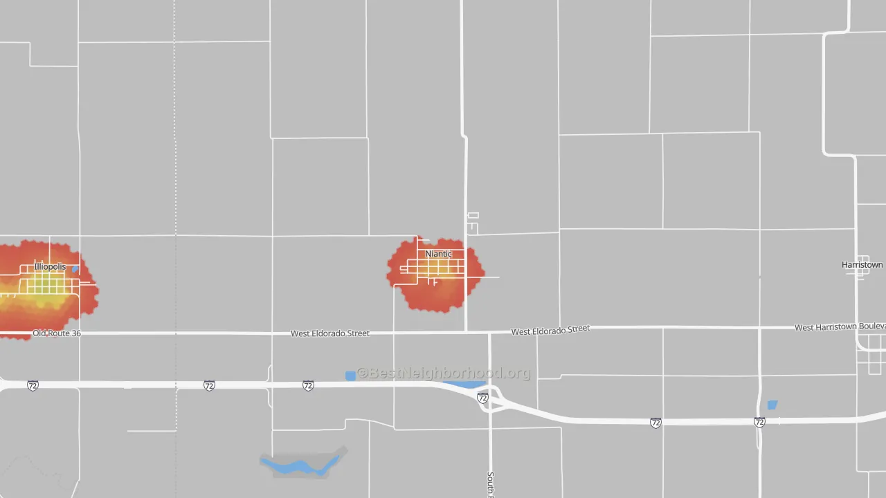Walk Grade map of Niantic, IL, walkable areas in green and car-dependent areas in red