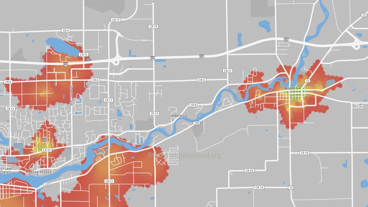 Walk Grade map of Nibbyville, IN, walkable areas in green and car-dependent areas in red