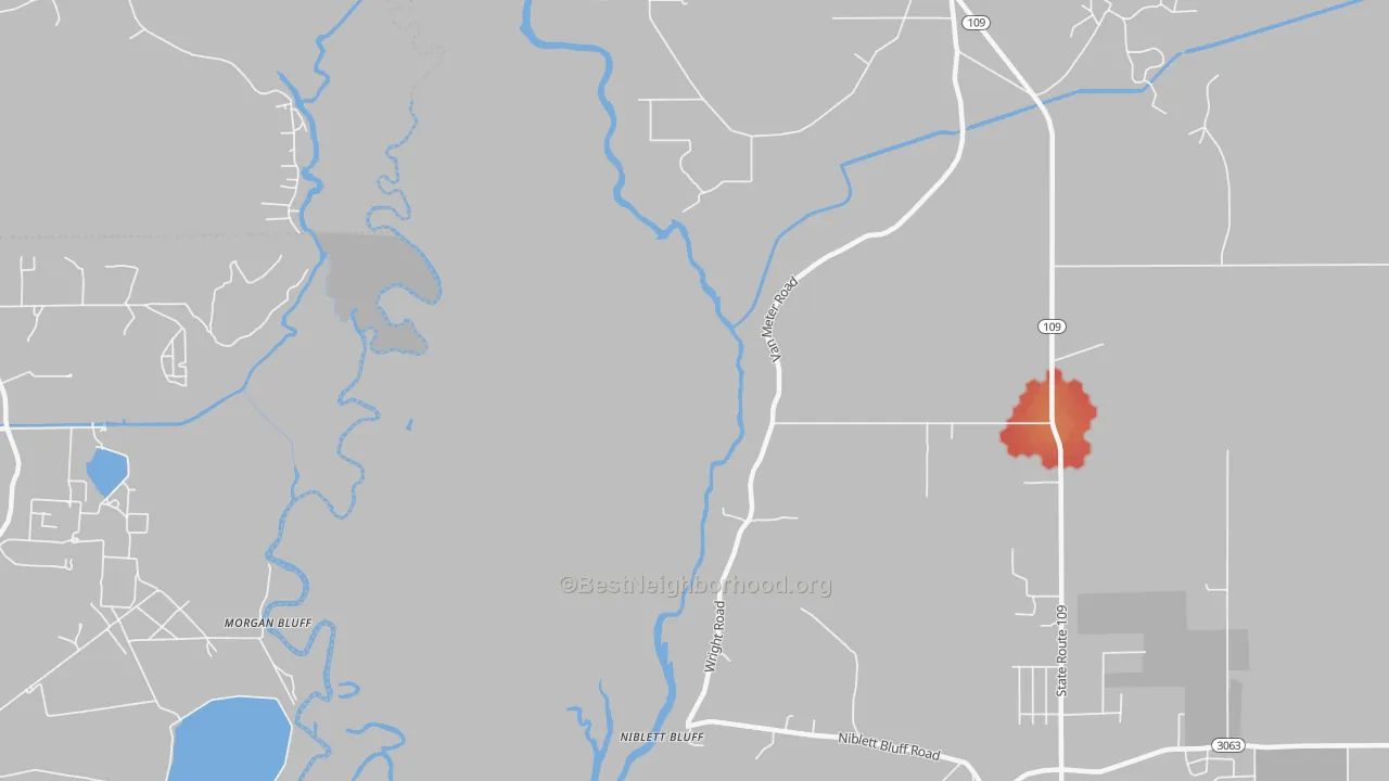 Walk Grade map of Niblett Bluff, LA, walkable areas in green and car-dependent areas in red