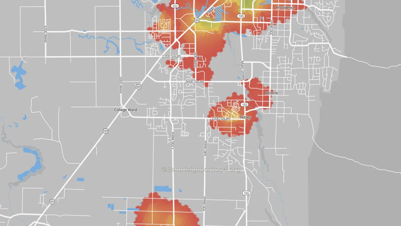 Walk Grade map of Nibley, UT, walkable areas in green and car-dependent areas in red