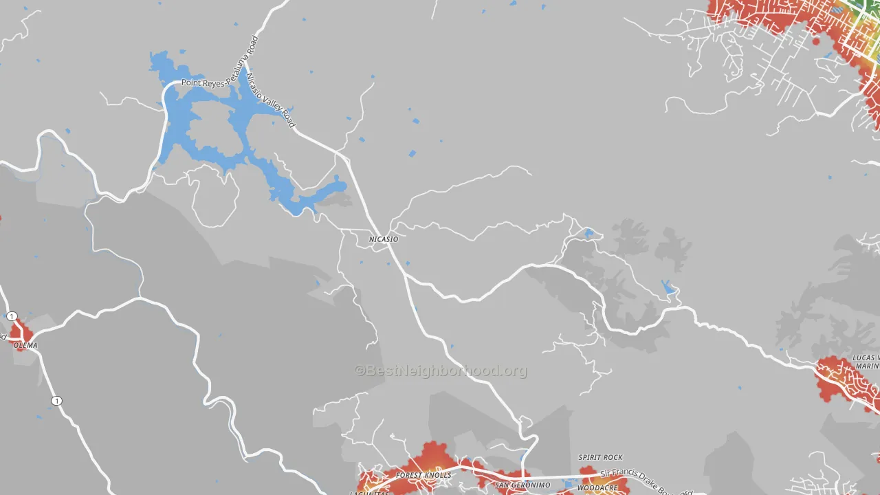 Walk Grade map of Nicasio, CA, walkable areas in green and car-dependent areas in red