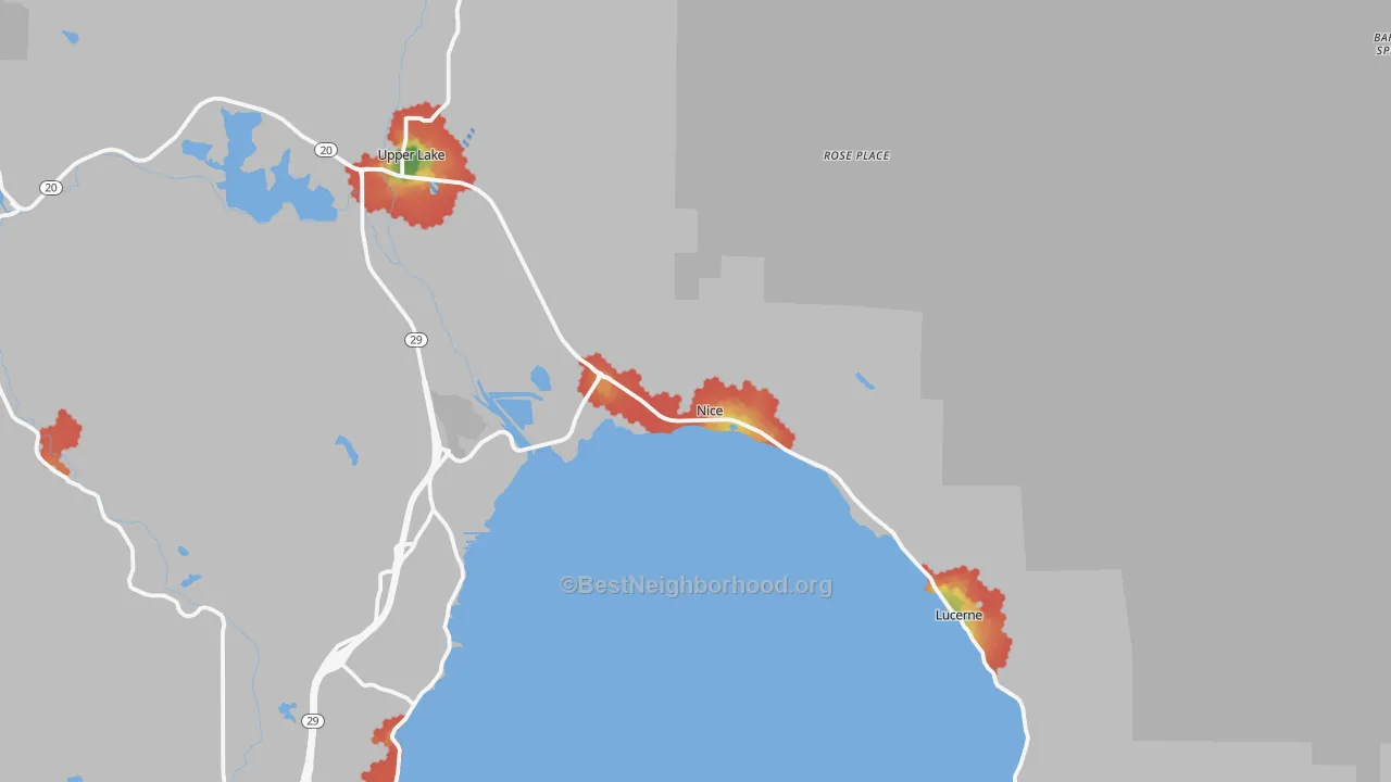 Walk Grade map of Nice, CA, walkable areas in green and car-dependent areas in red