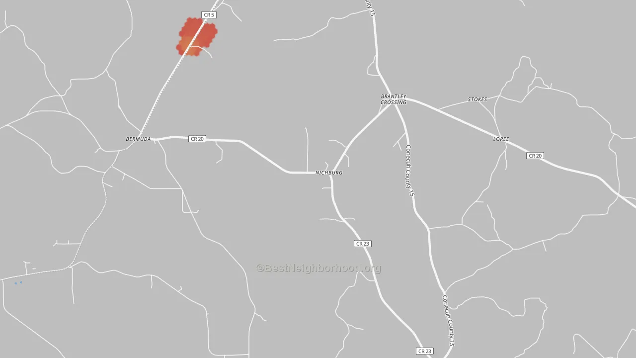 Walk Grade map of Nichburg, AL, walkable areas in green and car-dependent areas in red