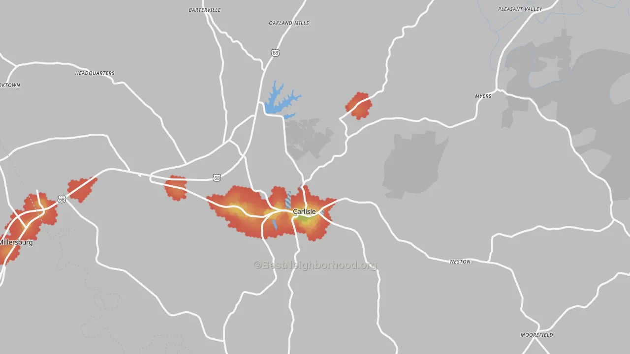 Walk Grade map of Nicholas County, KY, walkable areas in green and car-dependent areas in red