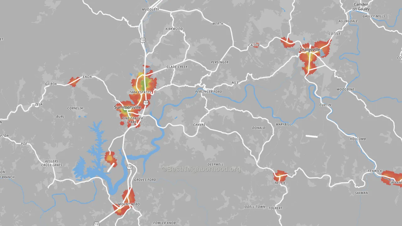 Walk Grade map of Nicholas County, WV, walkable areas in green and car-dependent areas in red