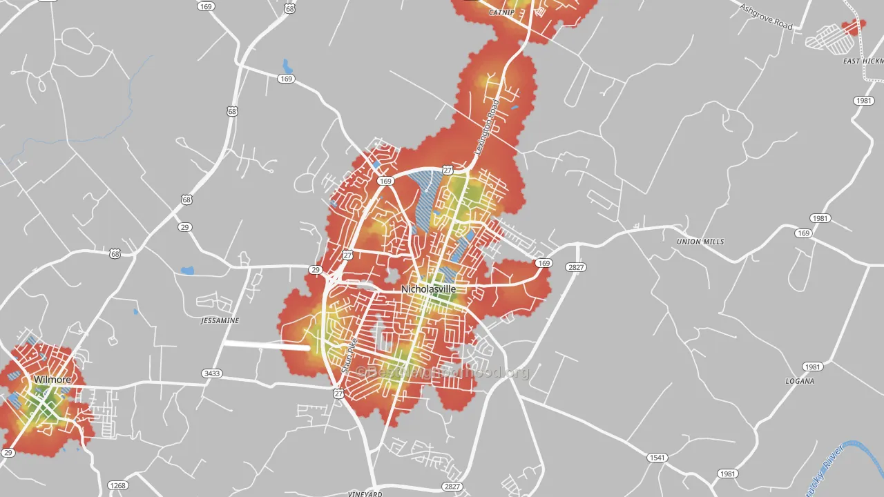 Walk Grade map of Nicholasville, KY, walkable areas in green and car-dependent areas in red