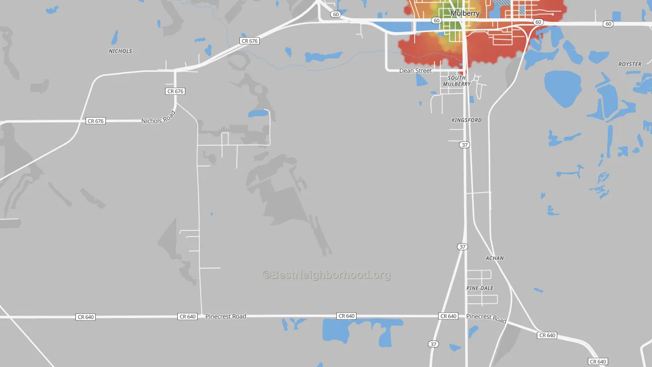 Walk Grade map of Nichols, FL, walkable areas in green and car-dependent areas in red
